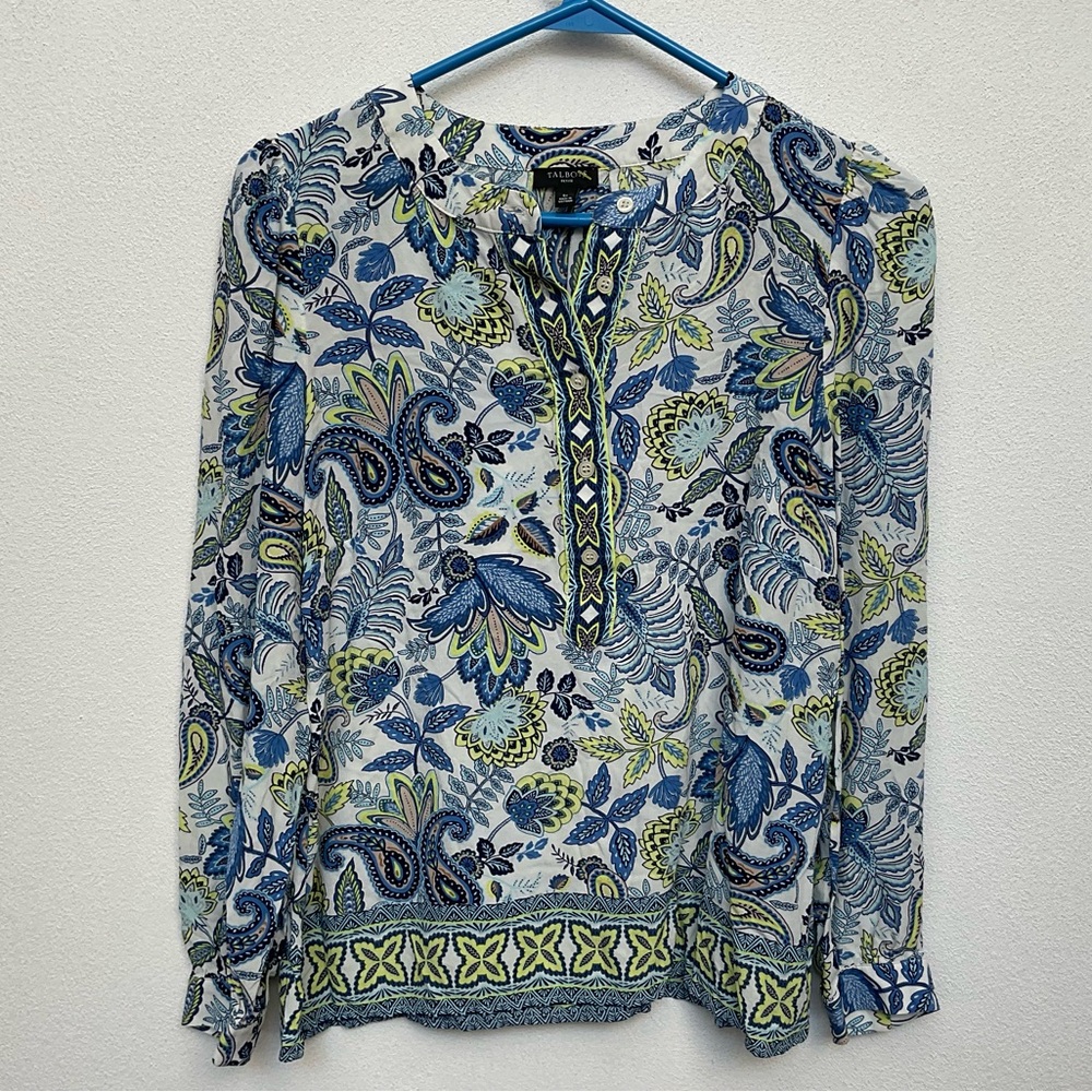 Talbots Petite Blue, Yellow Paisley Five Button Front Blouse Size Small